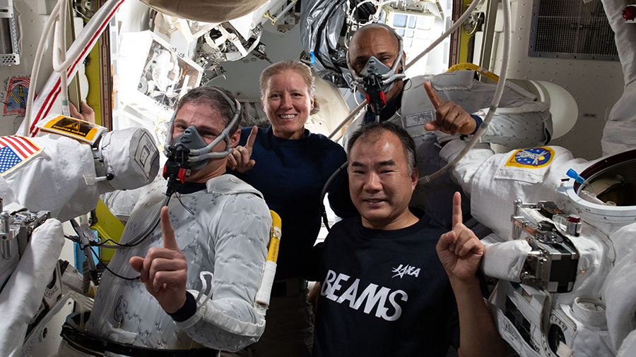 Clockwise from bottom right are, Expedition 64 Flight Engineers and SpaceX Crew-1 members Soichi Noguchi, Michael Hopkins, Shannon Walker and Victor Glover during spacewalk preparations inside the U.S. Quest airlock.