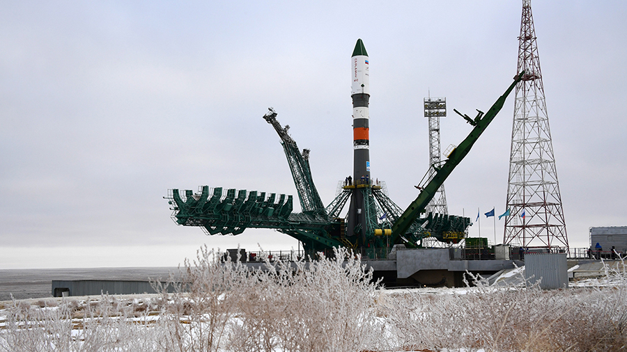 Russia's ISS Progress 77 space freighter stands at the launch pad at the Baikonur Cosmodrome in Kazakhstan. Credit: Roscosmos