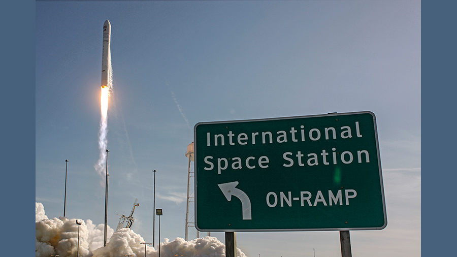 The Cygnus space freighter is pictured launching atop an Antares rocket from Virginia to the space station on April 17, 2019.