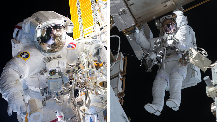 Astronauts (from left) Kate Rubins and Victor Glover are pictured during previous spacewalks on the space station.