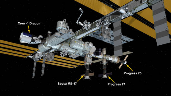 Feb. 17, 2021: International Space Station Configuration. Four spaceships are docked at the space station including the SpaceX Crew Dragon and Russia's Progress 75 and 77 resupply ships and the Soyuz MS-17 crew ship.