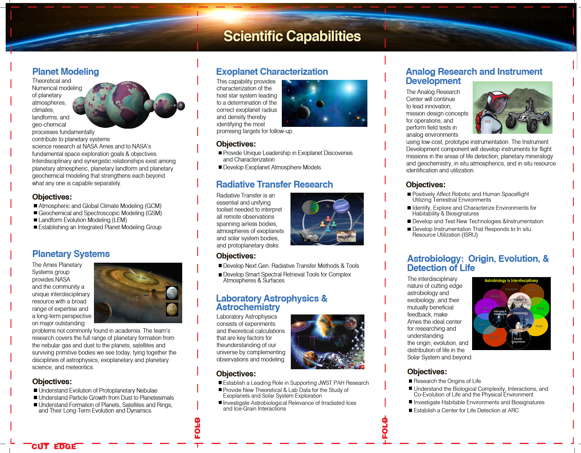 The back of a Space Science and Astrobiology Strategic plan of 2018 tri-fold brochure. Listed in three columns to read about the Science Capabilities.