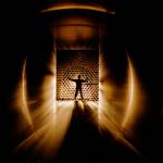 Black and gold image showing a silhouette of a man inside a wind tunnel.