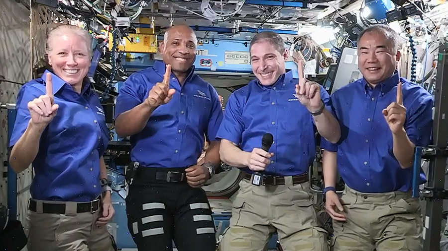 The SpaceX Crew-1 astronauts (from left) Shannon Walker, Victor Glover, Michael Hopkins and Soichi Noguchi are pictured shortly after commenting on their mission before returning to Earth this weekend. Credit: NASA TV