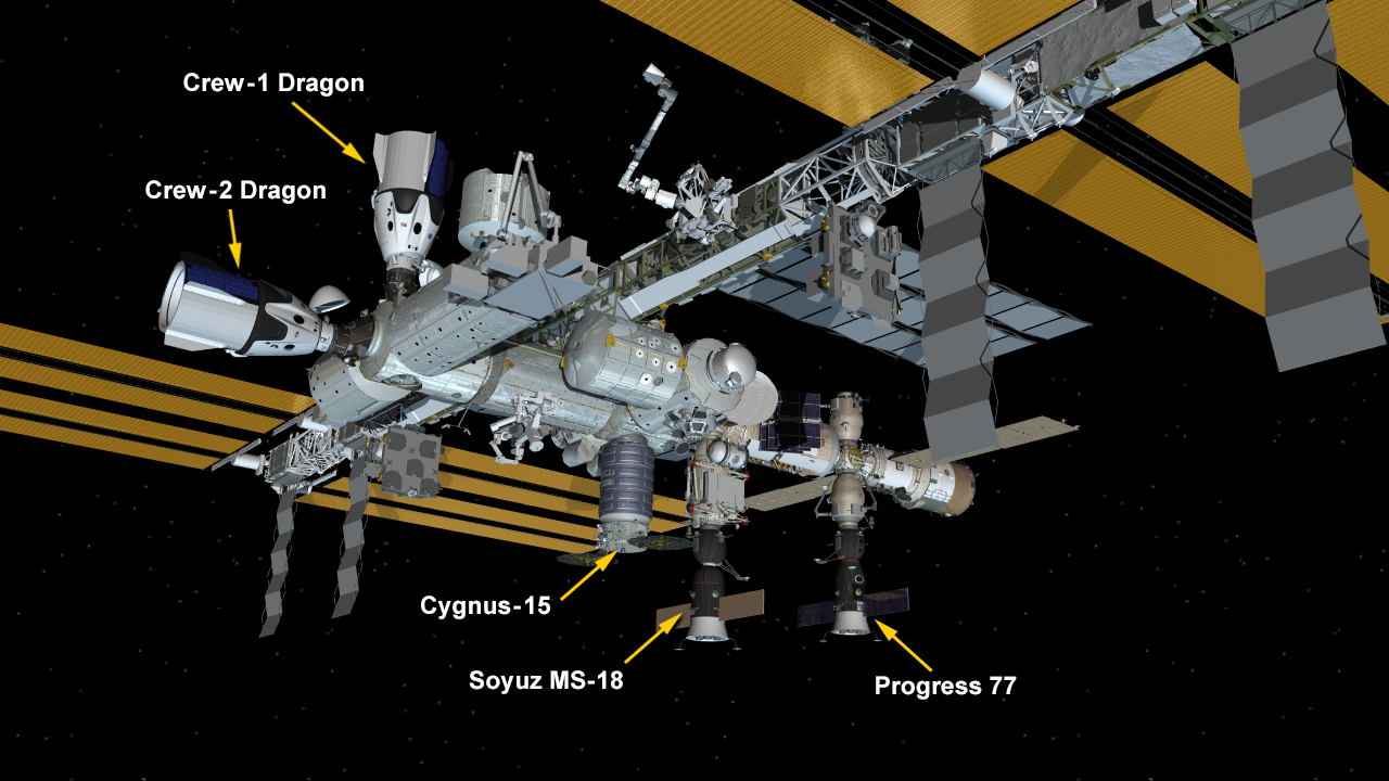 Currently, five spaceships are attached to the space station including two SpaceX Crew Dragon vehicles, the Northrop Grumman Cygnus cargo craft, and Russia's 77 resupply ship and Soyuz MS-18 crew ship. The Crew-1 Endeavour spaceship will undock today.