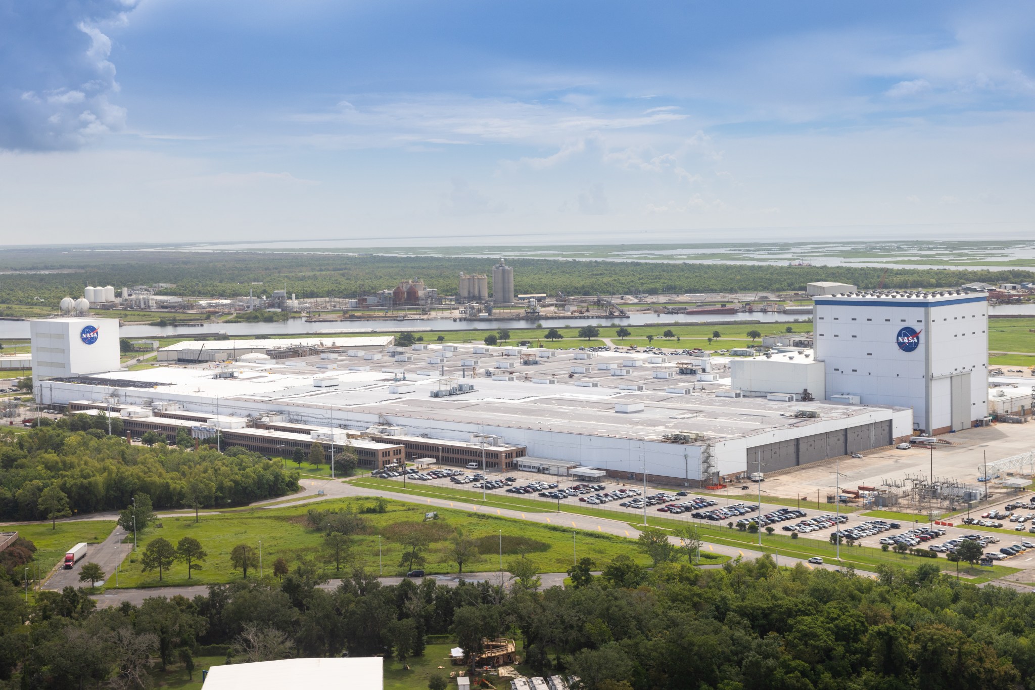 An aerial view of the main building at Michoud Assembly Facility, which features more than 43 acres of advanced manufacturing under one roof with interstate, railway and port access nearby.