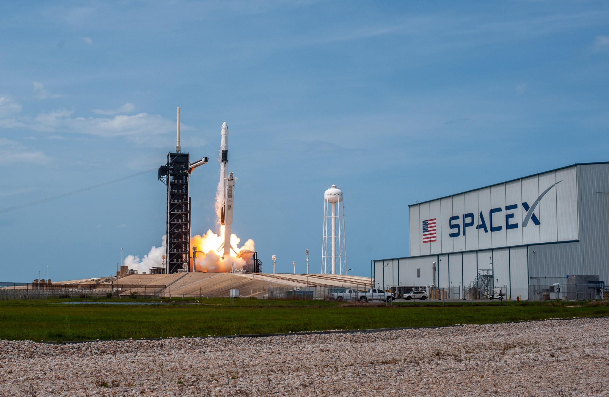 The SpaceX Falcon 9 rocket, carrying NASA astronauts Bob Behnken and Doug Hurley inside the Crew Dragon spacecraft, lifts off for the company's Demo-2 mission to the International Space Station.