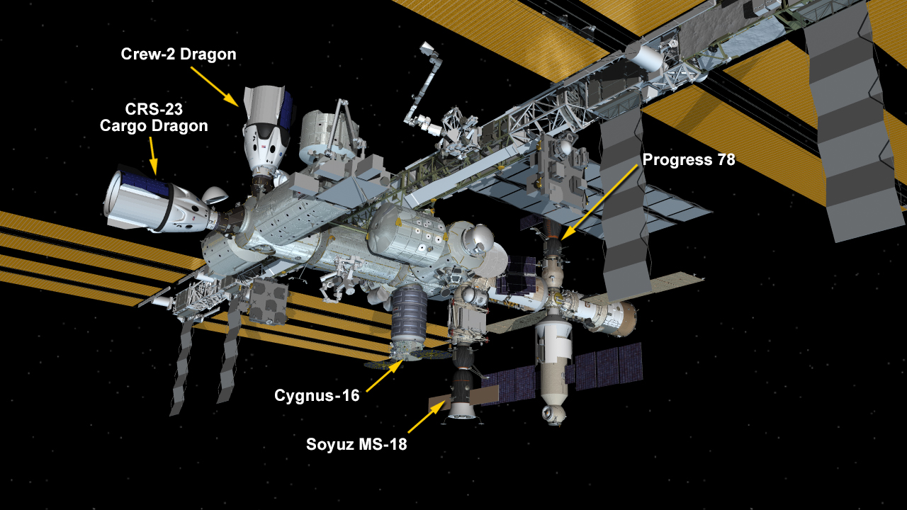 Aug. 30, 2021: International Space Station Configuration. Five spaceships are parked at the space station including Northrop Grumman's Cygnus space freighter; the SpaceX Crew and Cargo Dragon vehicles; and Russia's Soyuz MS-18 crew ship and ISS Progress 78 resupply ship.