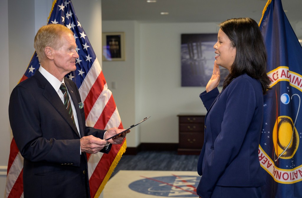 NASA Administrator Bill Nelson, left, swears in Margaret Vo Schaus as NASA's Chief Financial Officer, Wednesday, Aug. 4, 2021, at the Mary W. Jackson NASA Headquarters building in Washington. Photo Credit: (NASA/Bill Ingalls)