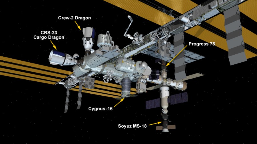 The International Space Station configuration as of Sept. 28, 2021 with the Soyuz MS-18 crew ship docked to the Nauka multipurpose laboratory module.