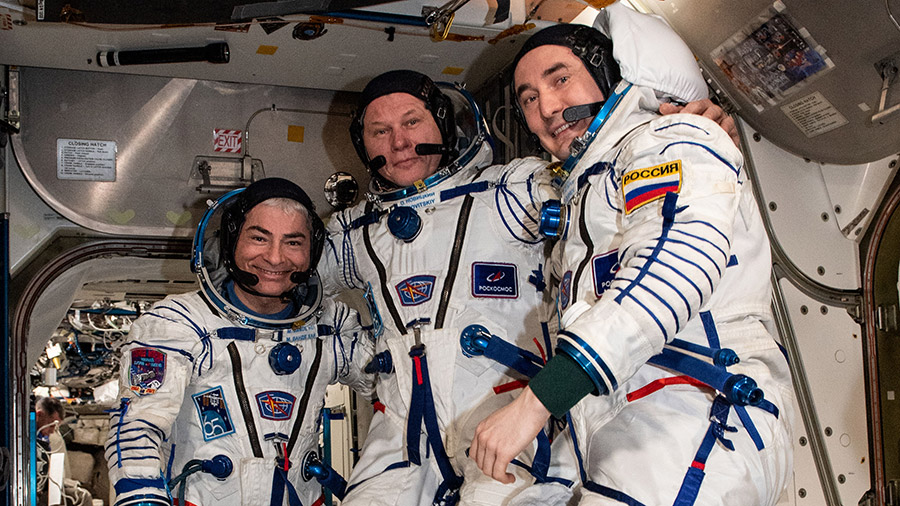 Expedition 65 Flight Engineers (from left) Mark Vande Hei, Oleg Novitskiy and Pyotr Dubrov are pictured in Sokol launch and entry suits they are wearing during today's relocation maneuver.