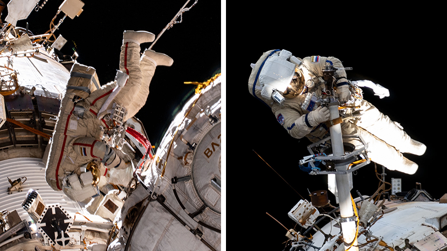 Cosmonauts (from left) Oleg Novitskiy and Pyotr Dubrov are conducting their second spacewalk together.