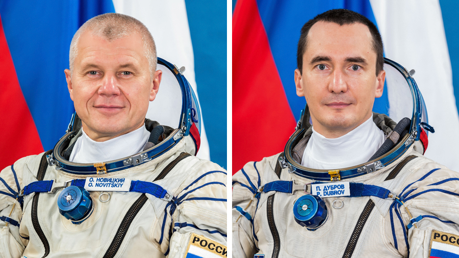 Cosmonauts (from left) Oleg Novitskiy and Pyotr Dubrov are conducting their second spacewalk together.