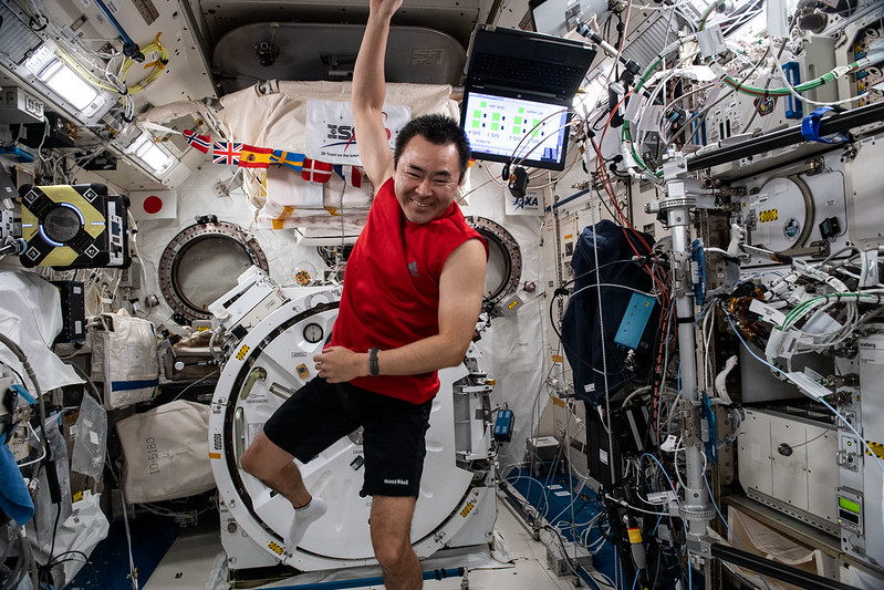 Astronaut Akihiko Hoshide of the Japan Aerospace Exploration Agency (JAXA) is pictured inside the Kibo laboratory module before beginning an exercise session.