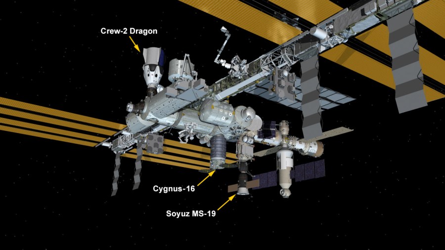 Oct. 20, 2021: International Space Station Configuration. Three spaceships are parked at the space station including Northrop Grumman's Cygnus space freighter; the SpaceX Crew Dragon vehicle; and Russia's Soyuz MS-19 crew ship.