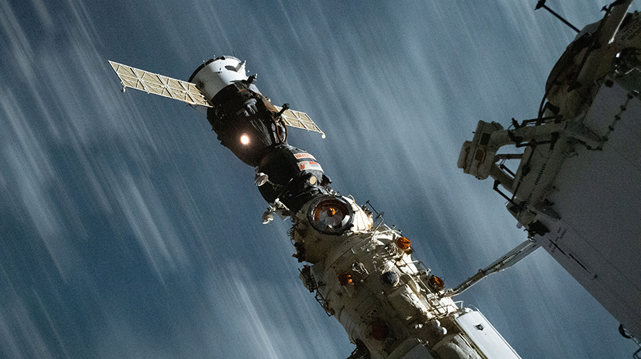 The Soyuz MS-18 crew ship is pictured docked to the Nauka multipurpose laboratory module.