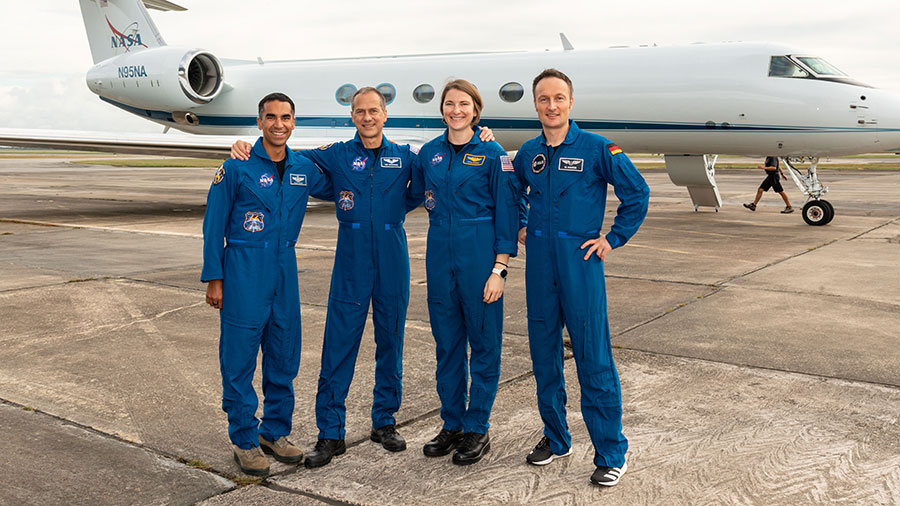 SpaceX Crew-3 astronauts (from left) Raja Chari, Thomas Marshburn, Kayla Barron and Matthias Maurer are pictured before departing Houston, Texas, for Kennedy Space Center in Florida.