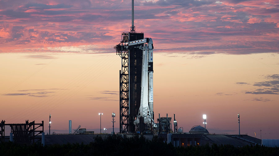 The SpaceX Falcon 9 rocket with the Crew Dragon Endurance atop is pictured at its launch pad in Florida during sunset. Credit: NASA/Joel Kowsky