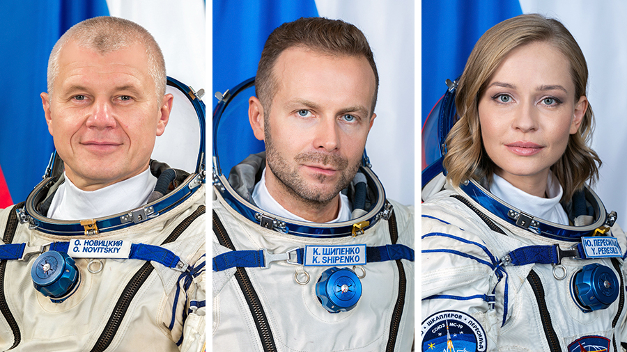 (From left) Roscosmos cosmonaut Oleg Novitskiy and spaceflight participants Klim Shipenko and Yulia Peresild are returning to Earth inside the Soyuz MS-18 crew ship.