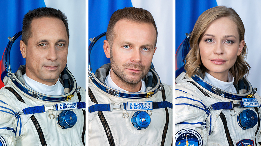 The Soyuz MS-19 crew with (from left) Roscosmos cosmonaut Anton Shkaplerov, producer Klim Shipenko and actress Yulia Peresild.