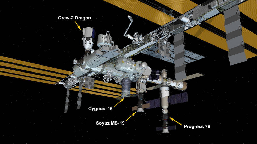 Oct. 21, 2021: International Space Station Configuration. Four spaceships are parked at the space station including Northrop Grumman's Cygnus space freighter; the SpaceX Crew Dragon vehicle; and Russia's Soyuz MS-19 crew ship and ISS Progress 78 resupply ship.