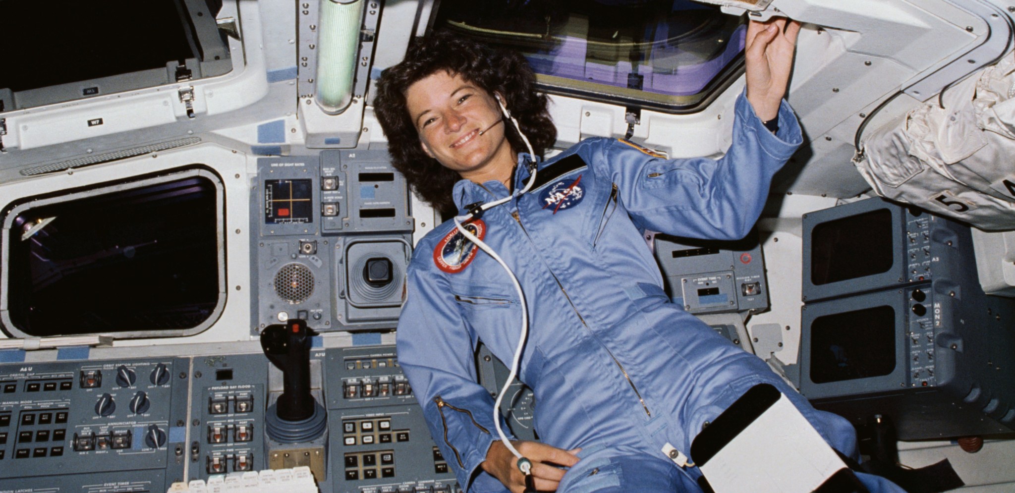 Sally Ride floats in the microgravity of low Earth orbit on the orbiter Challenger in 1983