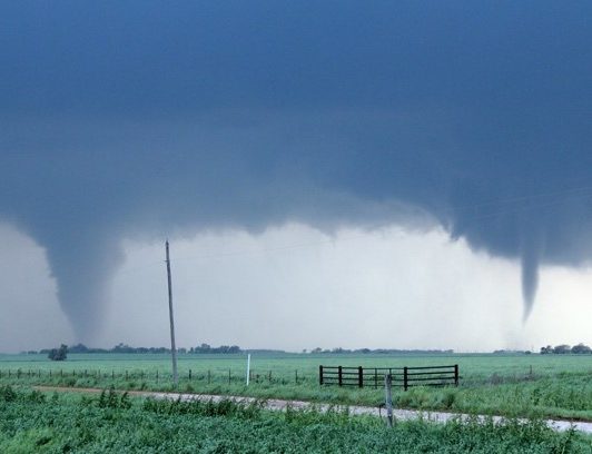 A photo of two tornadoes Kohler took while storm chasing.