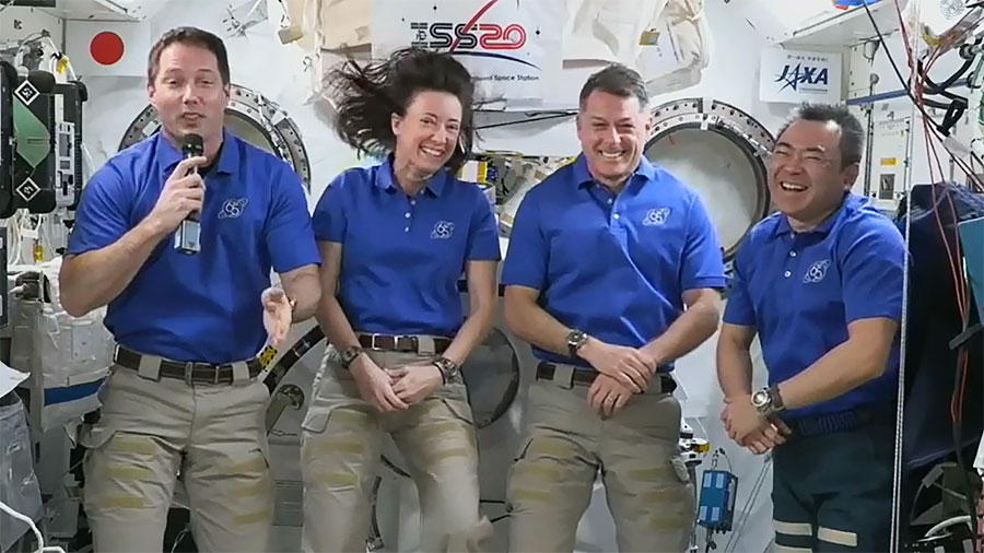 Astronauts (from left) Thomas Pesquet, Megan McArthur, Shane Kimbrough and Akihiko Hoshide talk to journalists on Earth before their return to Earth aboard the SpaceX Crew Dragon Endeavour.