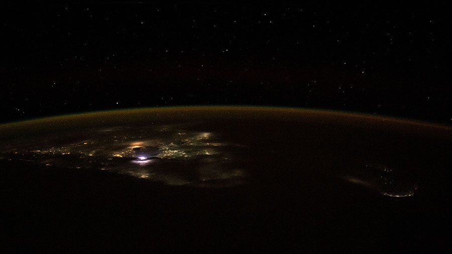 The city lights of southern India and the island nation of Sri Lanka are pictured from the station as it orbited above the Indian Ocean.