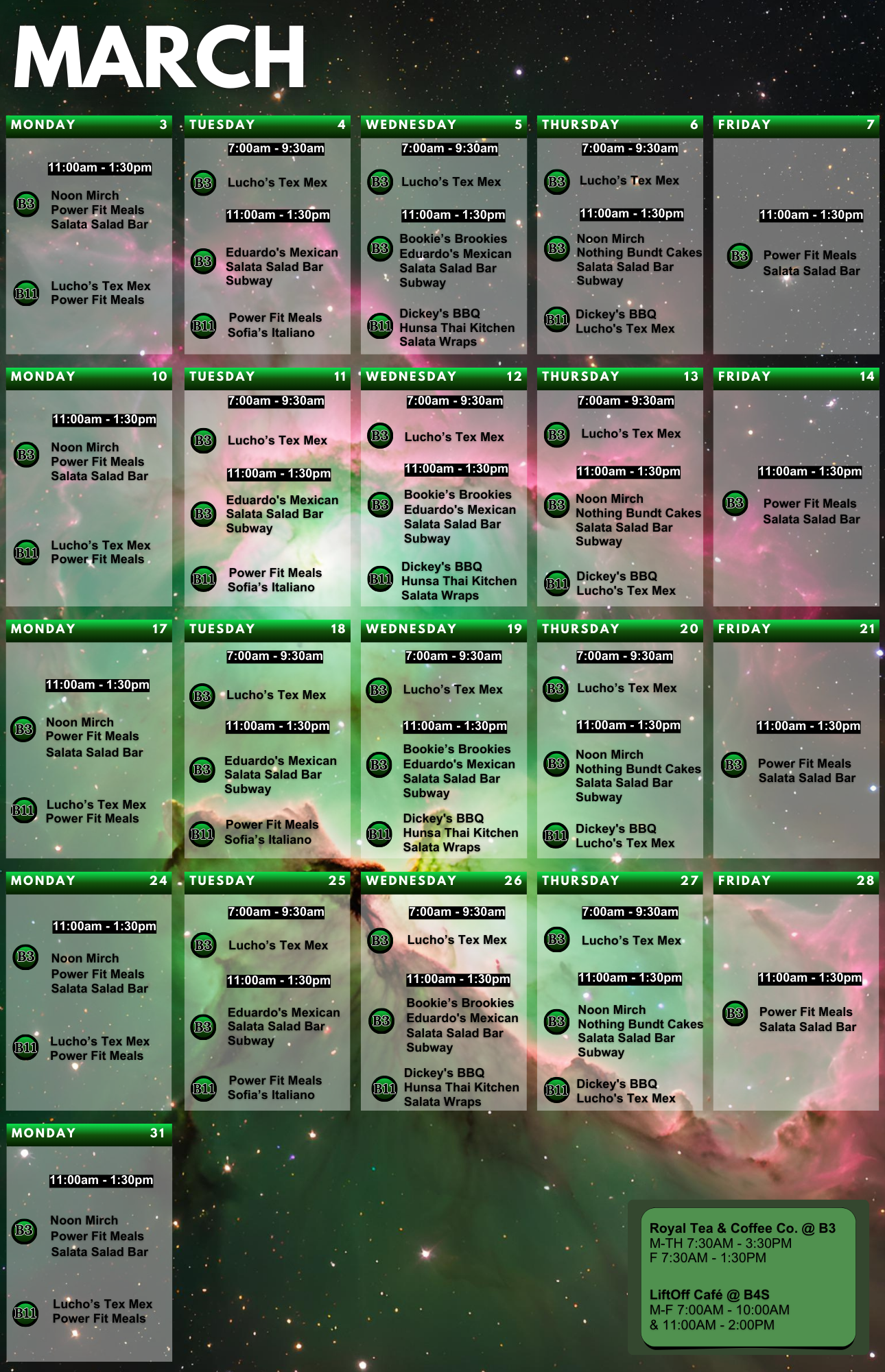 Food Service Calendar for JSC March 2025