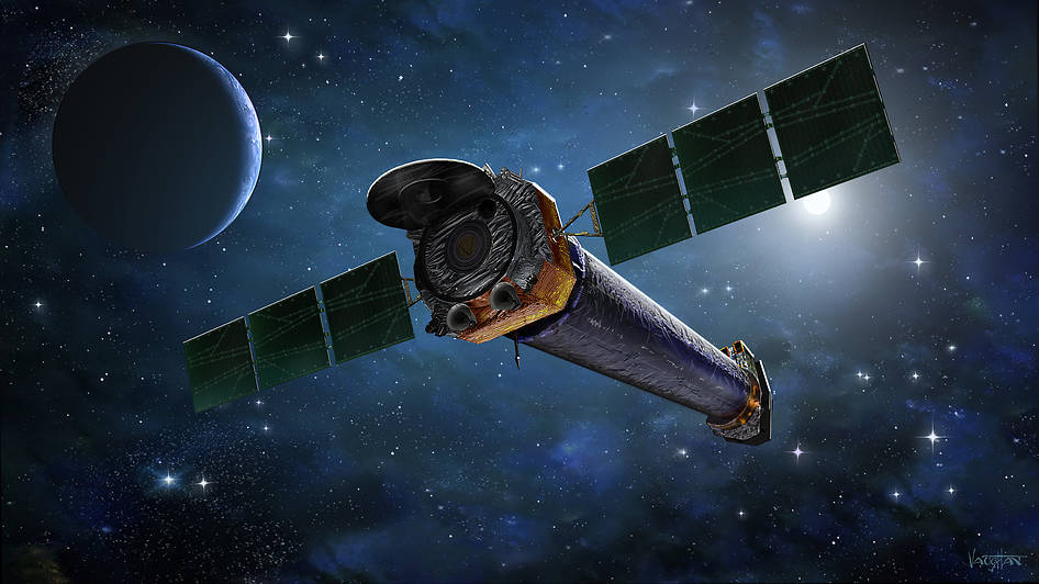 An illustration of the Chandra X-ray in space with the moon in the background.