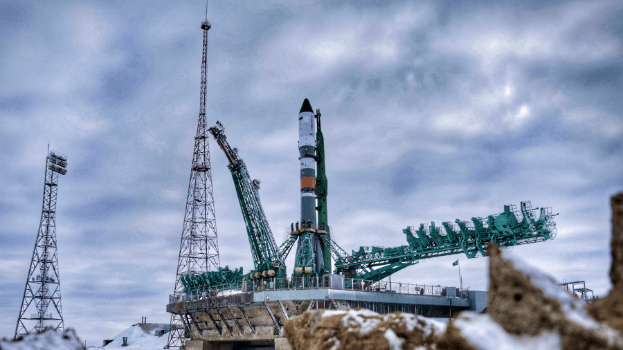 Russia's Progress 80 space freighter is seen prior to launch in Baikonur. It will deliver almost three tons of food, fuel, and supplies to the Expedition 66 crew. Credit: Roscosmos.