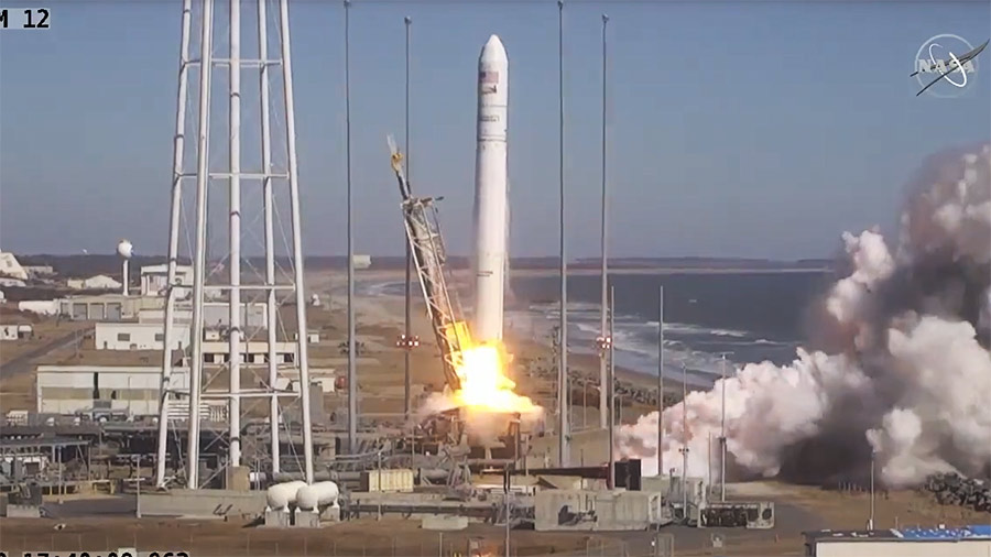 The Cygnus space freighter blasts off on time atop the Antares rocket from Wallops Flight Facility in Virginia.