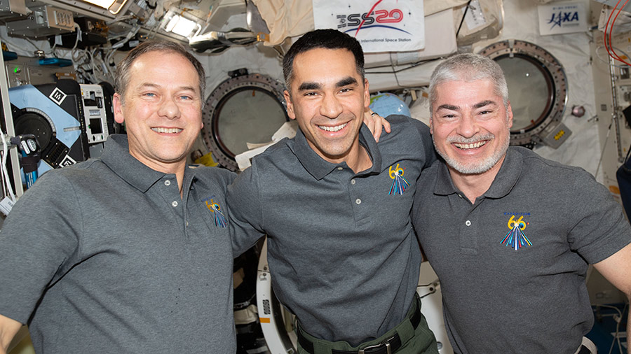 From left, NASA's Expedition 66 Flight Engineers Thomas Marshburn, Raja Chari and Mark Vande Hei pose for a portrait inside the International Space Station's Kibo laboratory module.