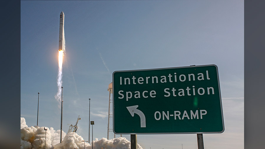 The Cygnus space freighter is pictured launching atop the Antares rocket in April of 2019 from Virgina to the space station.