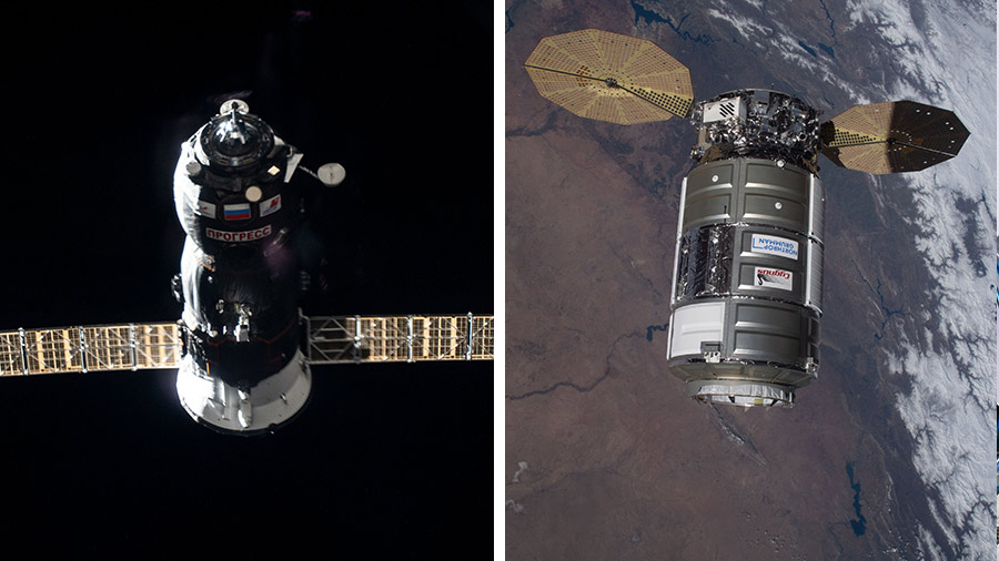 (From left) Russia's Progress cargo craft and the U.S. Cygnus space freighter are pictured approaching the station during previous cargo missions.