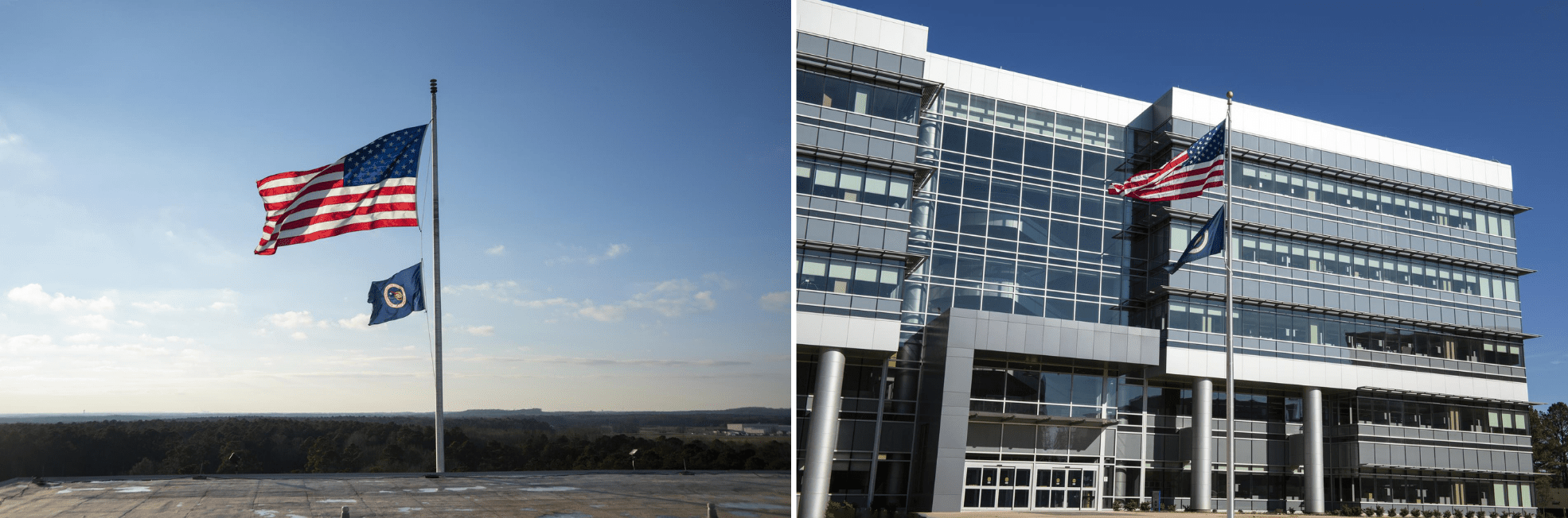 The U.S. and NASA flags atop Building 4200, left, Marshall Space Flight Center’s original central laboratory and office building, were retired Jan. 21. 