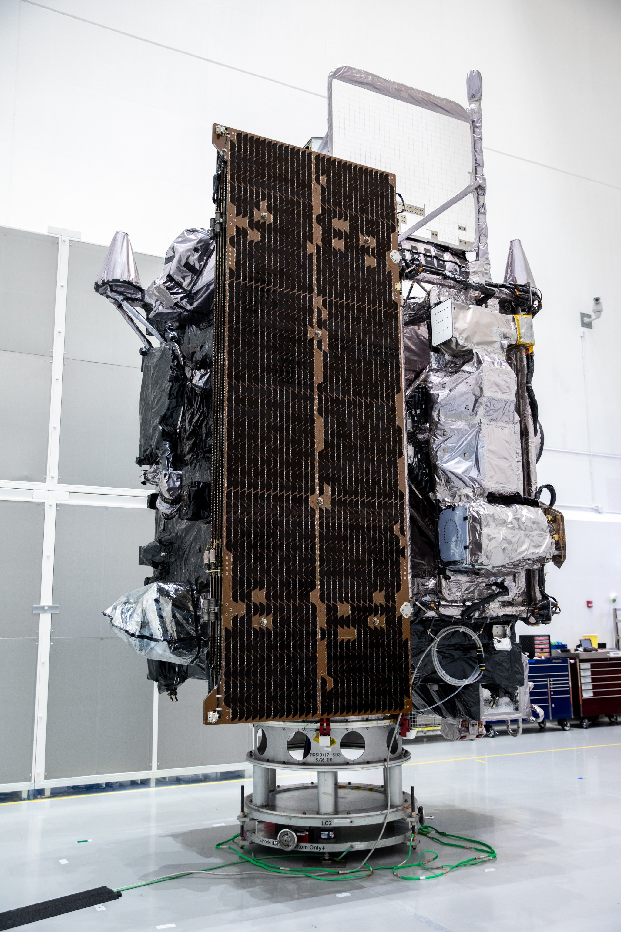 NOAA’s Geostationary Operational Environmental Satellite-T (GOES-T) is in view inside the Astrotech Space Operations facility in Titusville, Florida, on Jan. 20, 2022. 