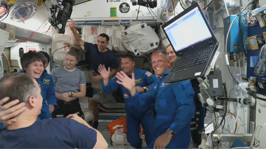 Crew-4 NASA astronauts Mission Commander Kjell Lindgren, Pilot Bob Hines, and Mission Specialist Jessica Watkins, and Mission Specialist Samantha Cristoforetti of ESA (European Space Agency) were greeted by Crew-3 as they arrived to the International Space Station.