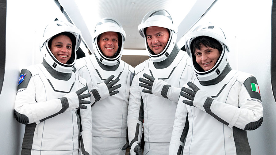 The SpaceX Crew-4 astronauts (from left) with Mission Specialist Jessica Watkins, Pilot Robert Hines, Commander Kjell Lindgren and Mission Specialist Samantha Cristoforetti.