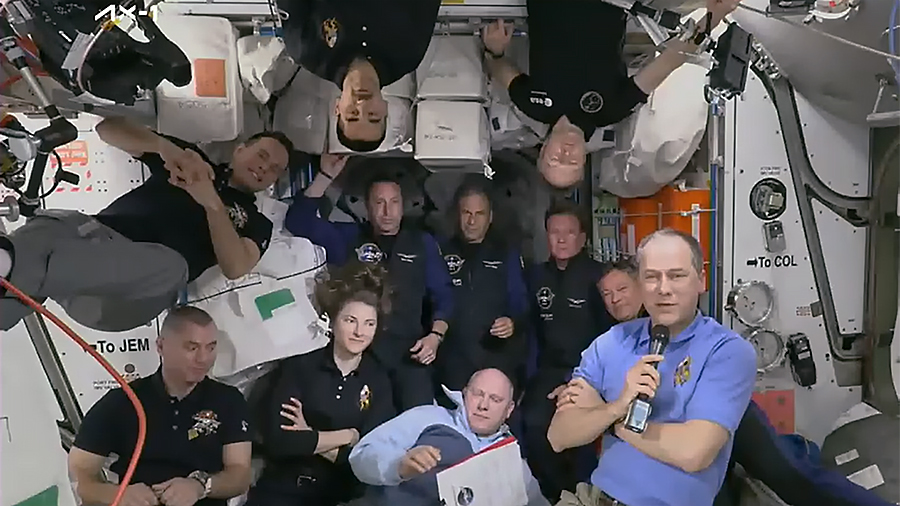 The 11-person crew aboard the station comprises of (bottom row from left) Expedition 67 Flight Engineers Denis Matveev, Kayla Barron, Oleg Artemyev, and station Commander Tom Marshburn; (center row from left) Axiom Mission 1 astronauts Mark Pathy, Eytan Stibbe, Larry Conner, and Michael Lopez-Alegria; (top row from left) Expedition 67 Flight Engineers Sergey Korsakov, Raja Chari, and Matthias Maurer.