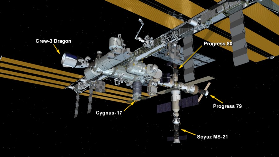 April 26, 2022: International Space Station Configuration. Five spaceships are parked at the space station including the SpaceX Dragon Endurance; the Northrop Grumman Cygnus space freighter; and Russia's Soyuz MS-21 crew ship and the Progress 79 and 80 resupply ships.