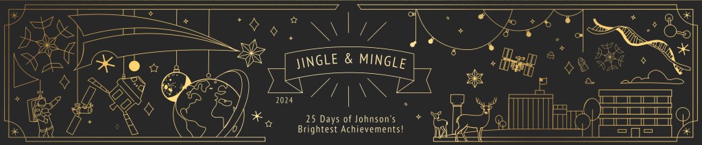 Black banner with gold writing for JSC's 2024 Jingle & Mingle event.