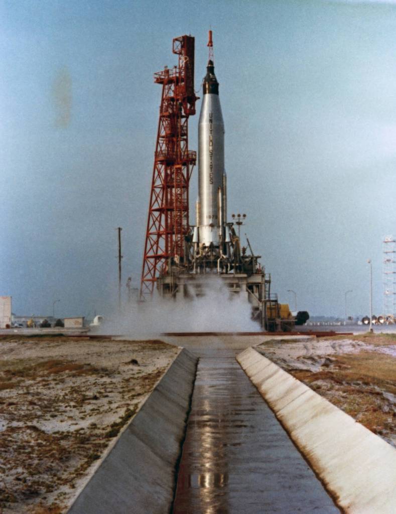 The moment of ignition of the Atlas 7 rocket on May 24, 1962