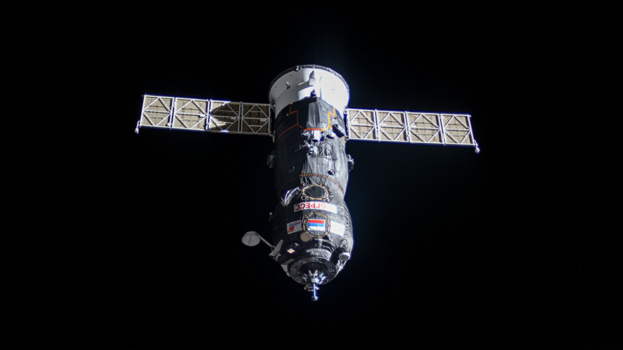 The Progress 76 resupply ship approaches the space station for a docking in July of 2020.