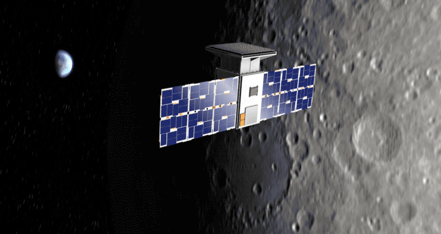 The capstone spacecraft with solar panels open on either side is lit on one side by the sun. The spacecraft floats in front of a half-darkened lunar surface, with the Earth bright and small in the distant background.