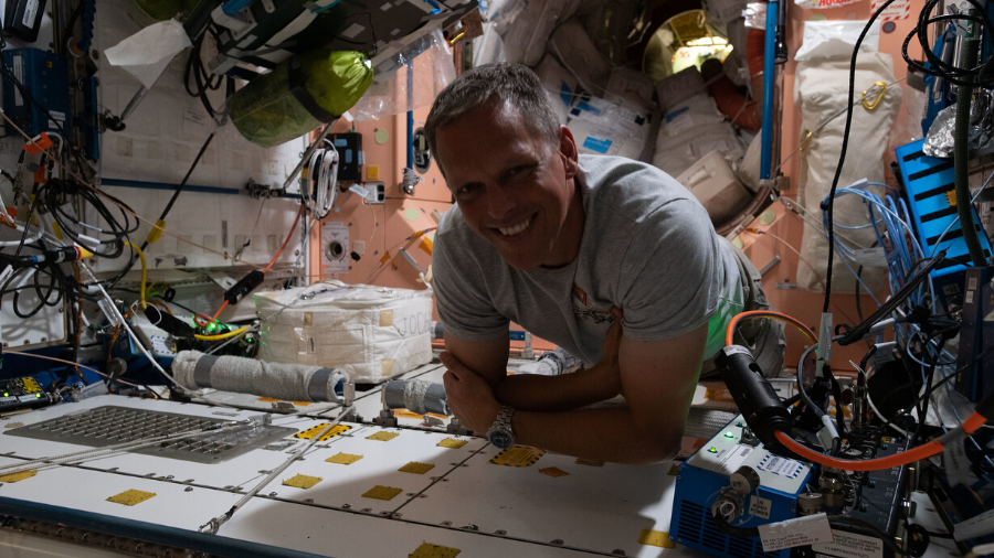 NASA astronaut and Expedition 67 Flight Engineer Bob Hines is pictured during maintenance activities inside the International Space Station's Unity module on May 14, 2022.