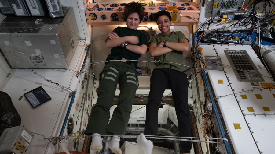 Expedition 67 Flight Engineers (from left) Samantha Cristoforetti from ESA (European Space Agency) and Jessica Watkins of NASA pose together for a fun portrait inside the International Space Station's Harmony module on May 14, 2022.