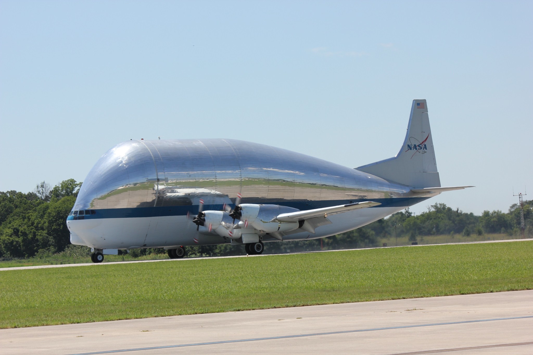 NASA’s Super Guppy aircraft stationed at NASA’s Marshall Space Flight Center in Huntsville, Ala. in 2018.  The aircraft has a unique shape that allows it to carry bulky or heavy hardware that could not otherwise fit on a traditional aircraft. 