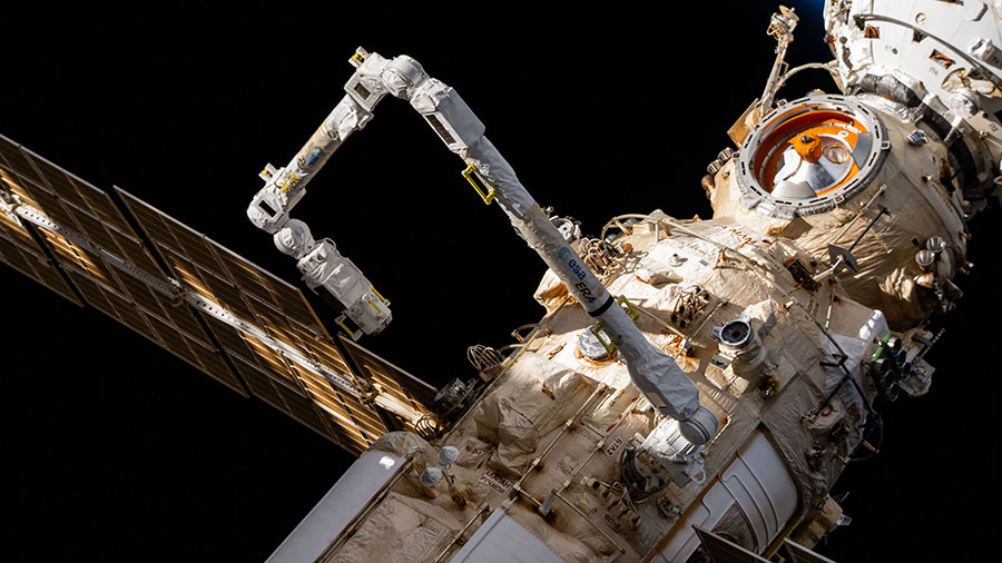 The European robotic arm extends out from the Nauka multipurpose laboratory module during a mobility test.